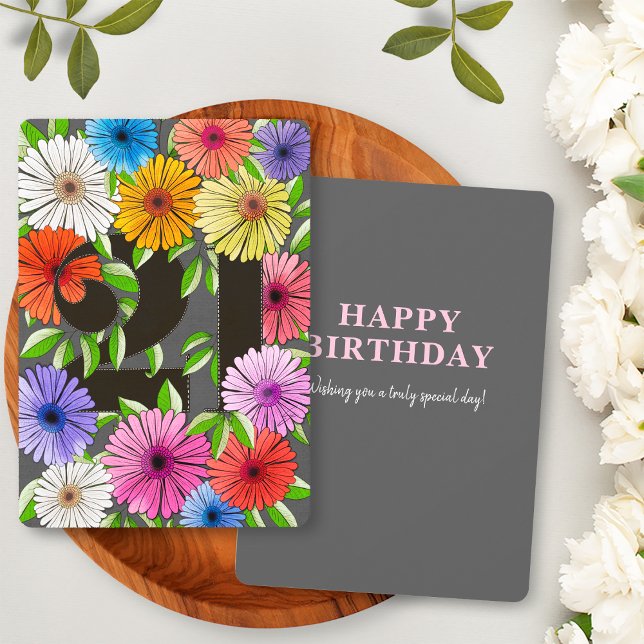 Retro Grey Floral Happy 21st Birthday Card (Creator Uploaded)