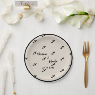 Retro Grey Hand Drawn Heart Illustrated Wedding Paper Plate