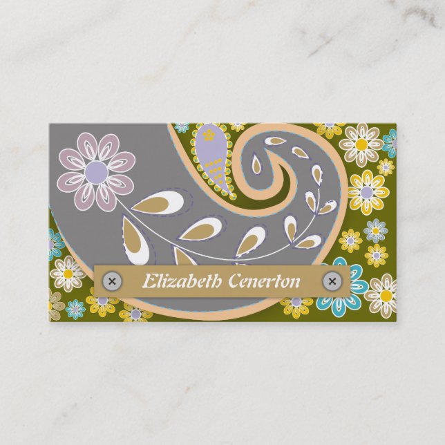 Retro grey, olive green paisley motif floral business card (Front)