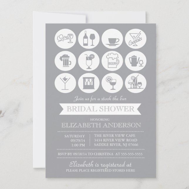 Retro Grey Stock the Bar Bridal Shower Invitation (Front)