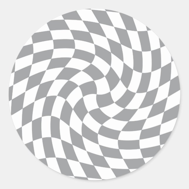 Retro Grey White Pastel Warped Checks Chequered Classic Round Sticker (Front)