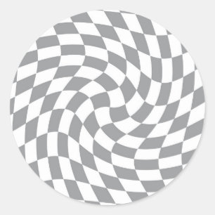 Retro Grey White Pastel Warped Checks Chequered Classic Round Sticker