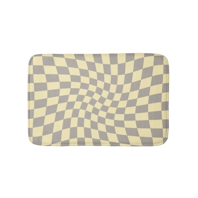 Retro Grey Yellow Chequered Warped Chequerboard  Bath Mat (Front)