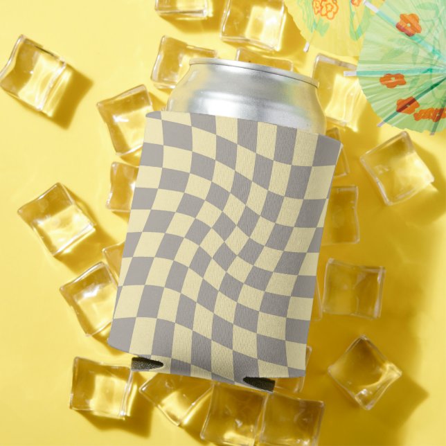 Retro Grey Yellow Pastel Warped Chequerboard   Can Cooler (In Situ Summer)