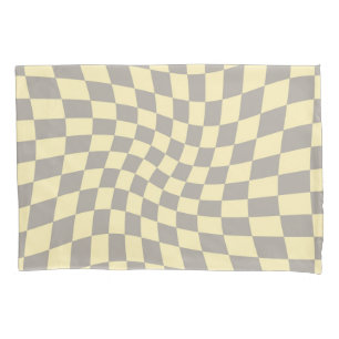 Retro Grey Yellow Y2k Warped Chequered Dorm Room Pillowcase