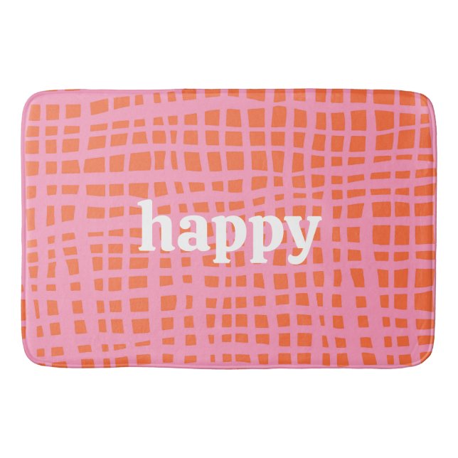 Retro Grid Abstract Pattern Happy Bath Mat (Front)