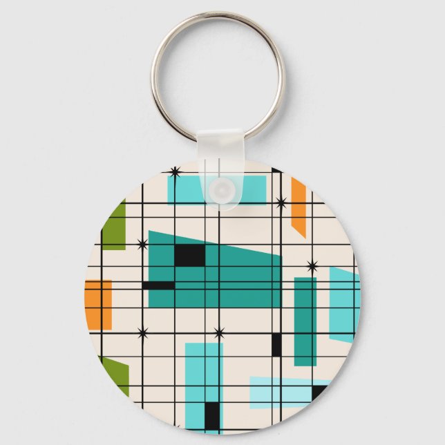 Retro Grid & Starbursts Button Keychain (Front)
