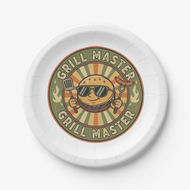 Retro Grill Master Burger Character BBQ King Vinta Paper Plate (Front)