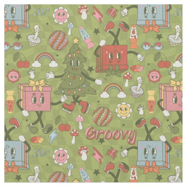 retro groovy 1970 disco christmas tree green check fabric (Close Up)