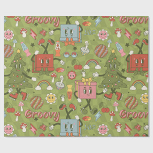 retro groovy 1970 disco christmas tree green check wrapping paper