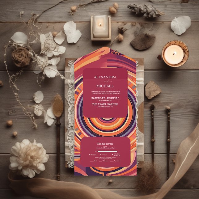 Retro Groovy 70s abstract pattern wedding All In One Invitation (Creator Uploaded)