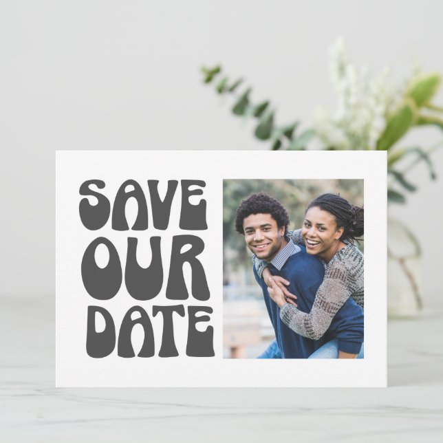 Retro Groovy 70s Black White Photo Wedding Save The Date (Standing Front)