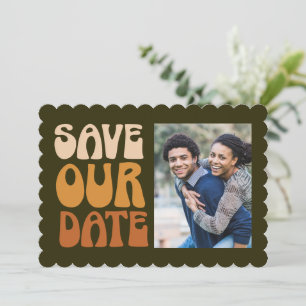 Retro Groovy 70s Brown Green Photo Wedding Save The Date