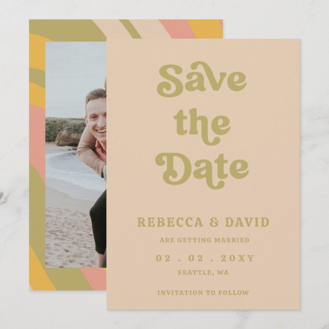Retro Groovy 70s Cute Green Photo Wedding Save The Date (Front/Back)