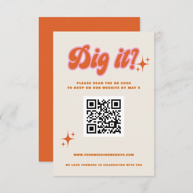 Retro Groovy 70s Cute Ivory Orange Pink QR Code RSVP Card (Front/Back)