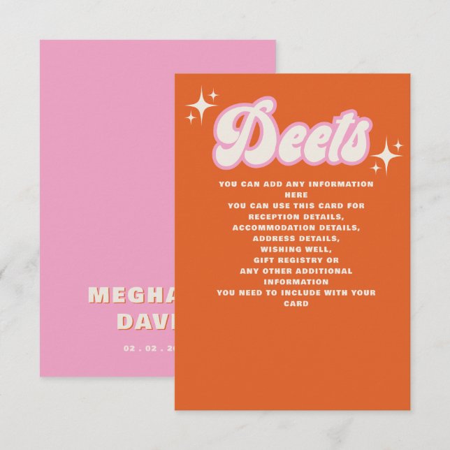  Retro Groovy 70s Cute Ivory Orange Pink Wedding Enclosure Card (Front/Back)