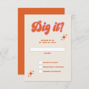 Retro Groovy 70s Cute Ivory Orange Pink Wedding RSVP Card