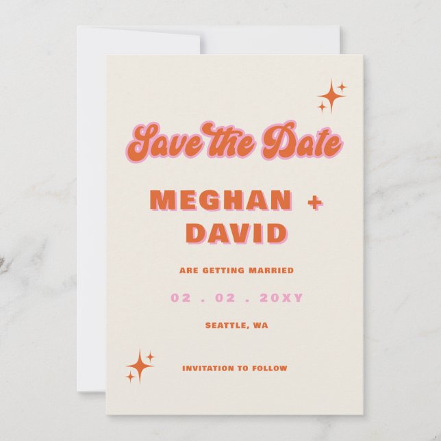 Retro Groovy 70s Cute Ivory Orange Pink Wedding Save The Date (Front)