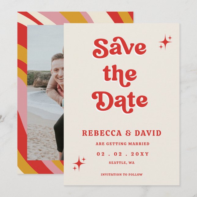 Retro Groovy 70s Cute Ivory Red Photo Wedding Save The Date (Front/Back)