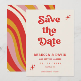 Retro Groovy 70s Cute Ivory Red Pink Wedding Save The Date