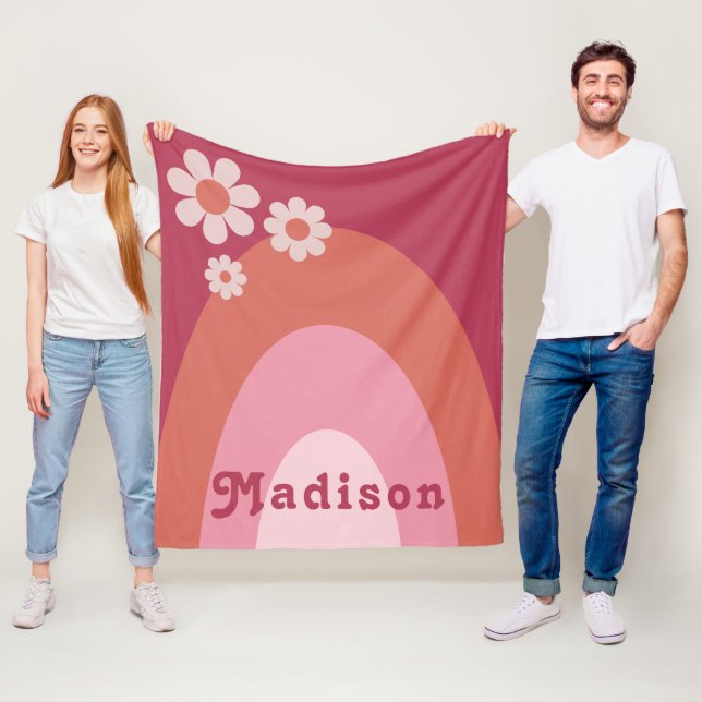 Retro Groovy 70s Daisy Arch add Name Fleece Blanket (In Situ)