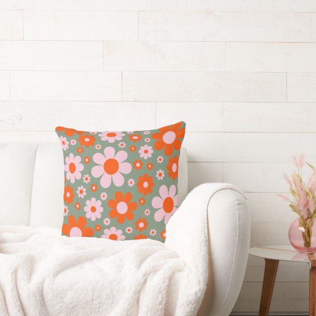 Retro Groovy 70s Daisy Pattern Orange Green Cushion (Couch)