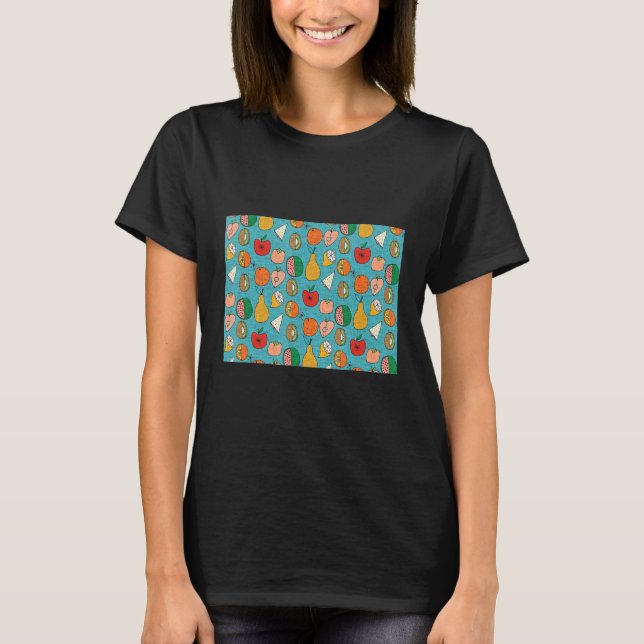 Retro Groovy 70s Fruit Blue Pattern T-Shirt (Front)