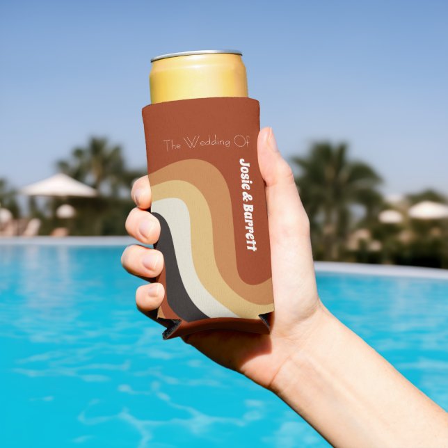 Retro Groovy 70s Funky Personalised Boho Wedding Seltzer Can Cooler (In Situ Pool)