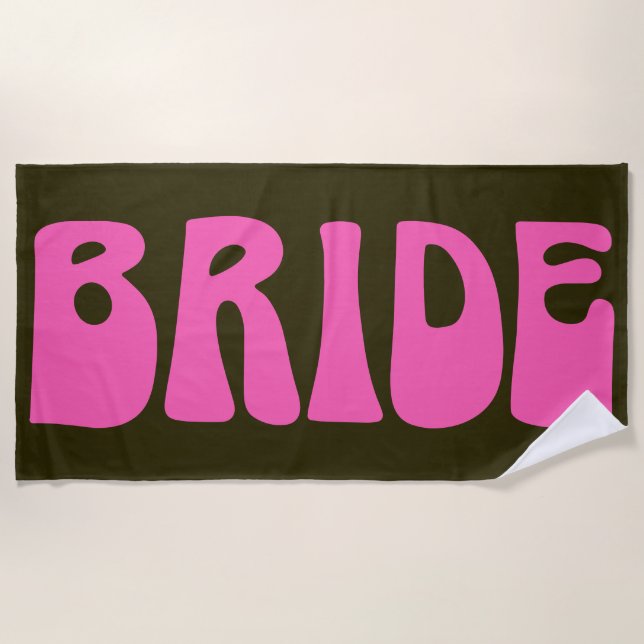 Retro Groovy 70s Hot Pink Green Bride Wedding Beach Towel (Front)
