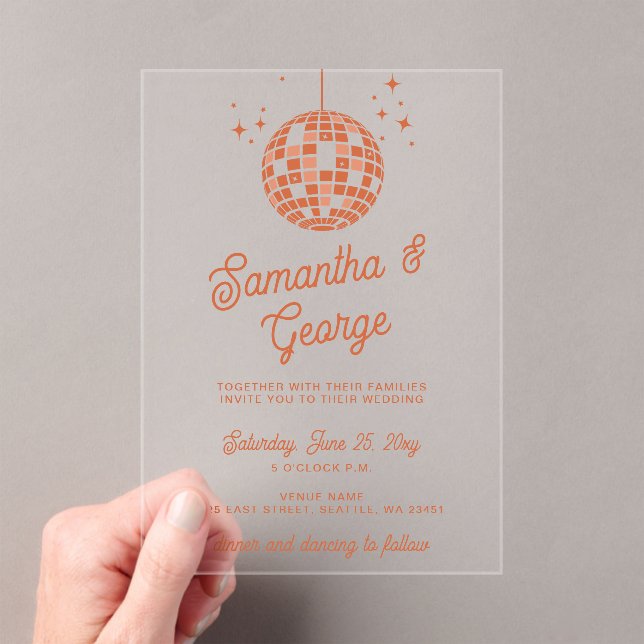 Retro Groovy 70s Ivory Orange Photo Disco Wedding Acrylic Invitations (Insitu (Handheld))
