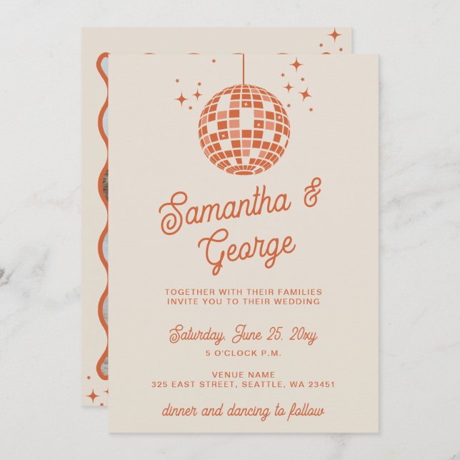 Retro Groovy 70s Ivory Orange Photo Disco Wedding Invitation (Front/Back)