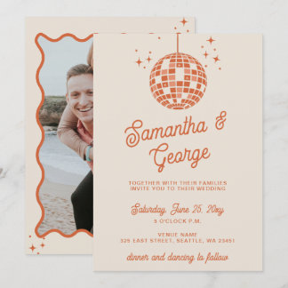 Retro Groovy 70s Ivory Orange Photo Disco Wedding Invitation