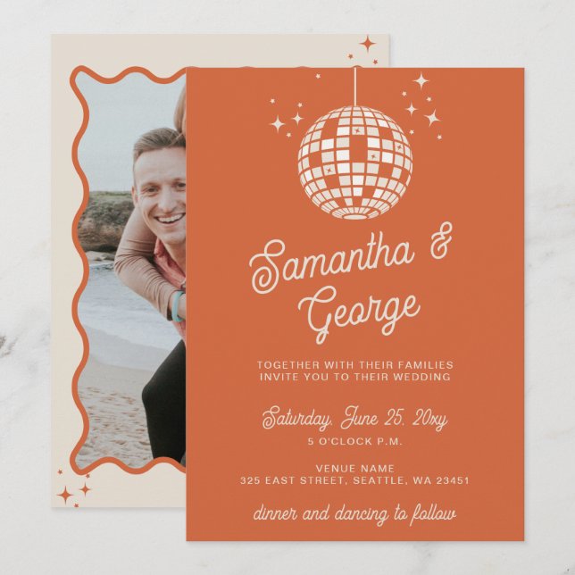 Retro Groovy 70s Ivory Orange Photo Disco Wedding Invitation (Front/Back)