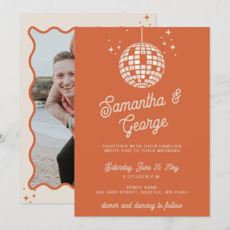 Retro Groovy 70s Ivory Orange Photo Disco Wedding Invitation