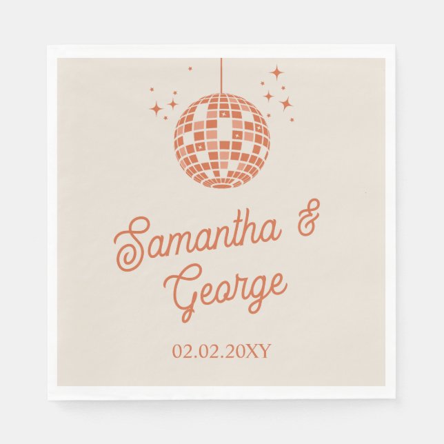 Retro Groovy 70s Ivory Orange Photo Disco Wedding Napkin (Front)