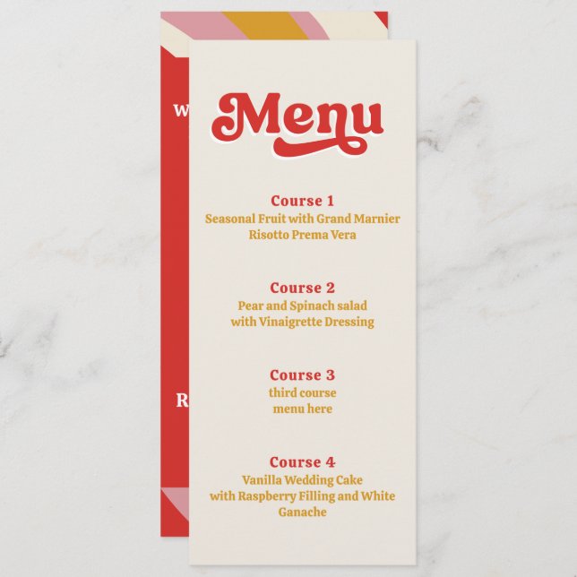 Retro Groovy 70s Ivory Red Wedding Menu (Front/Back)