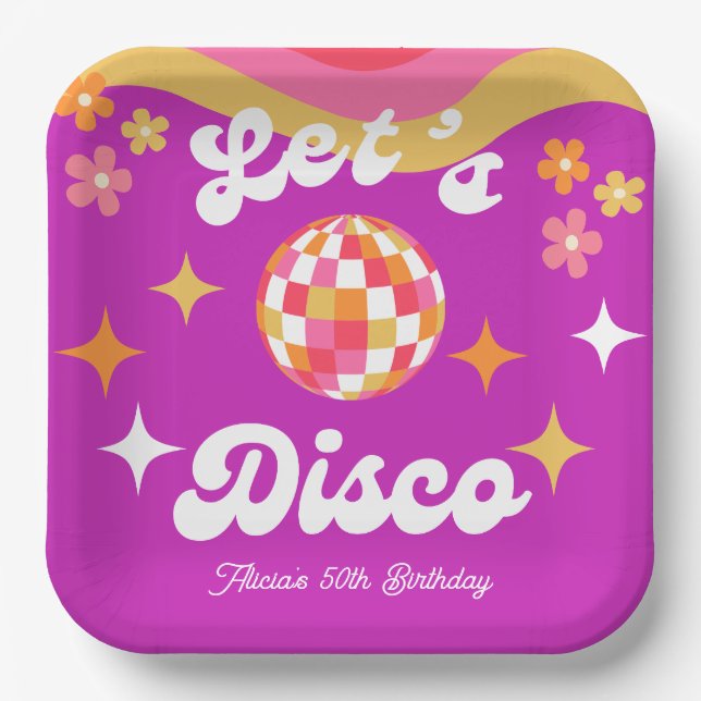 Retro Groovy 70s Let's Disco Birthday Party Paper Plate (Front)