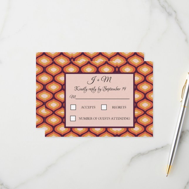 Retro Groovy 70's Orange Wedding  RSVP Card (Front/Back In Situ)