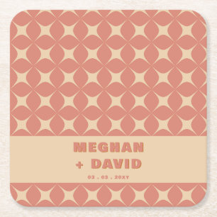 Retro Groovy 70s Pattern Boho Terracotta Wedding Square Paper Coaster