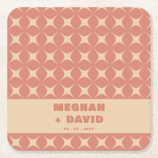 Retro Groovy 70s Pattern Boho Terracotta Wedding Square Paper Coaster (Front)