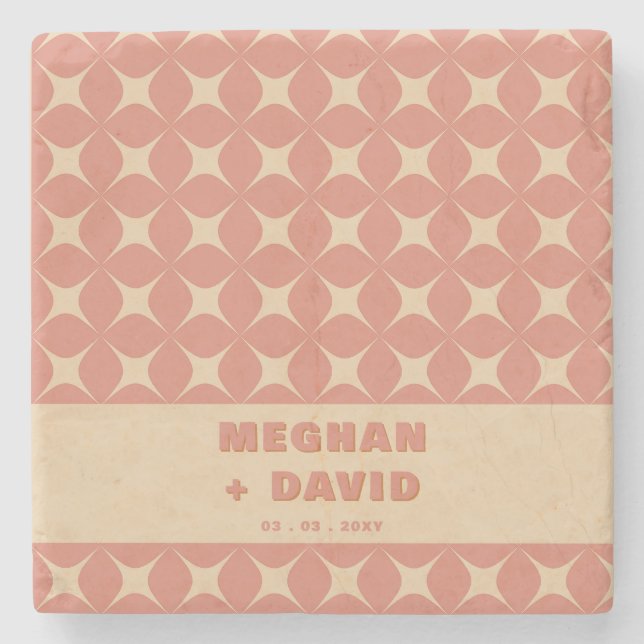 Retro Groovy 70s Pattern Boho Terracotta Wedding Stone Coaster (Front)