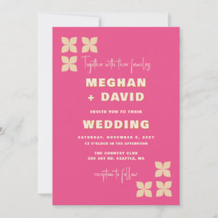 Retro Groovy 70s Pattern Pink Beige Wedding Invitation