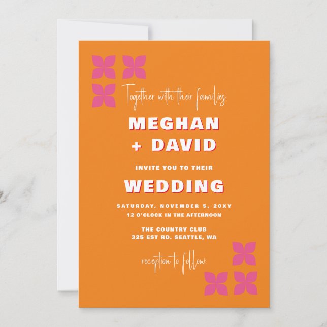 Retro Groovy 70s Pattern Pink Orange Wedding  Invitation (Front)