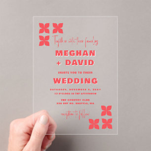 Retro Groovy 70s Pattern Pink Red Wedding Acrylic Invitations