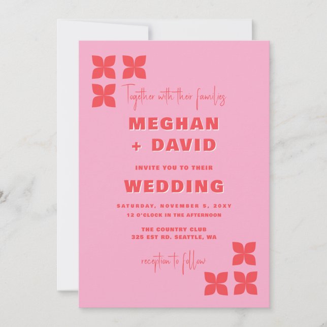 Retro Groovy 70s Pattern Pink Red Wedding  Invitation (Front)