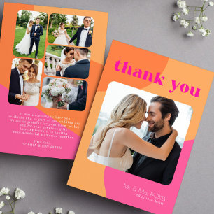 Retro groovy 70's pink orange multi photo wedding thank you card