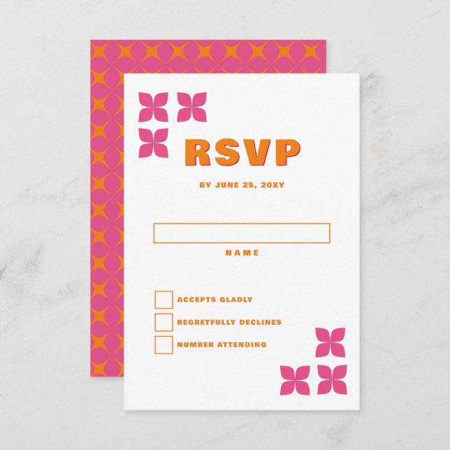 Retro Groovy 70s Pink Orange Wedding RSVP Card (Front/Back)