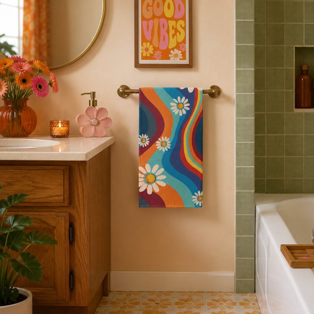 Retro Groovy 70's Rainbow Daisy  Bath Towel Set (Creator Uploaded)