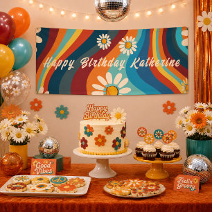 Retro Groovy 70's Rainbow Daisy Birthday  Banner