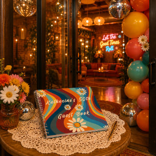 Retro Groovy 70s Rainbow Daisy Birthday Guest Book